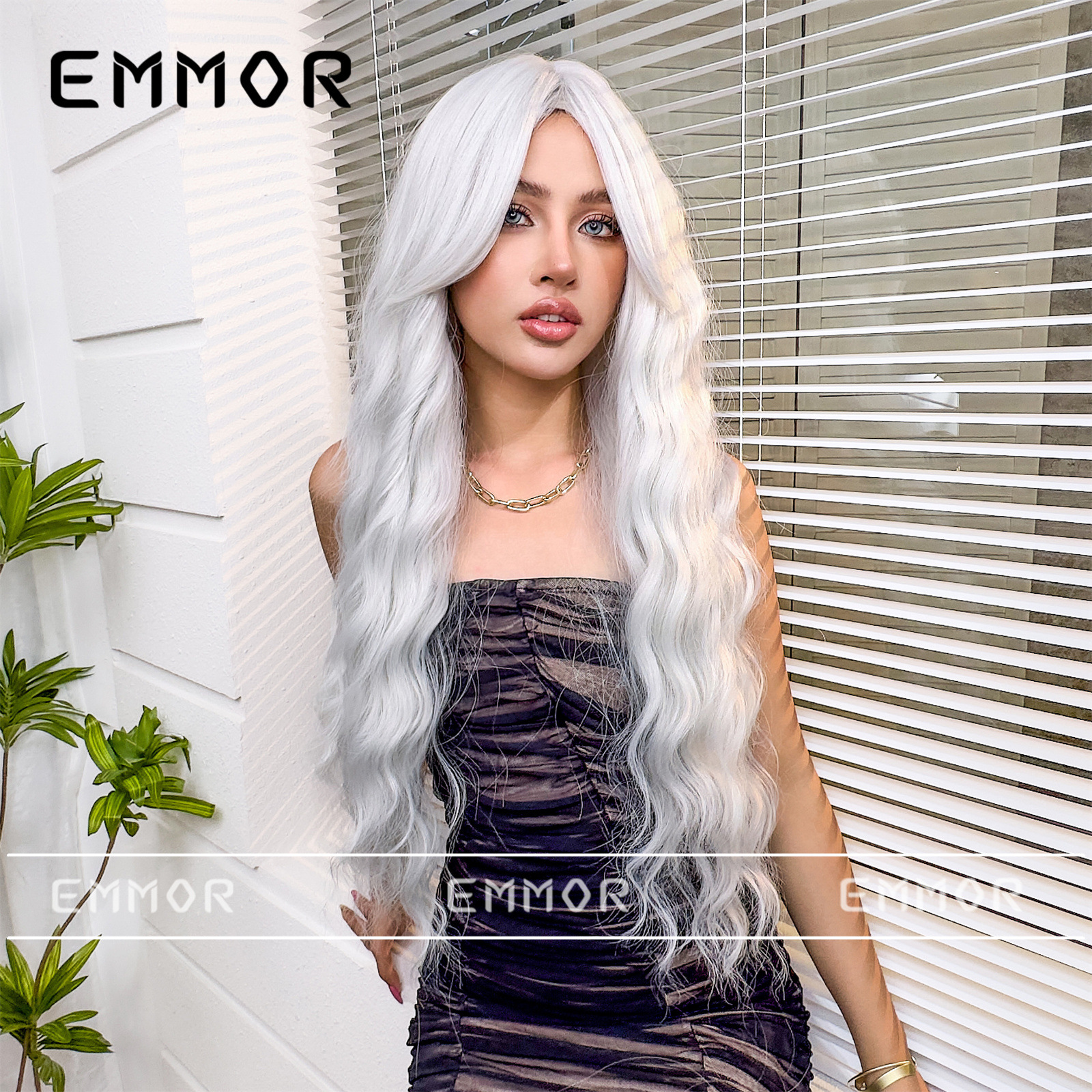 Suministro transfronterizo venta caliente de ocho caracteres flequillo reparación facial blanco plateado gran ola larga y rizada peluca de celebridades de Internet europea y americana