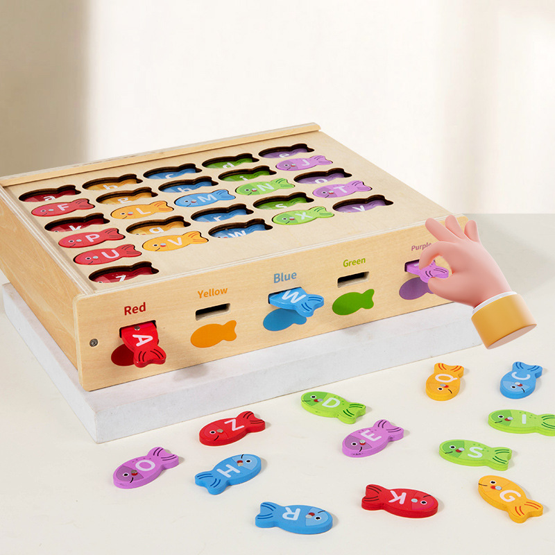 Dos en uno alfabeto magnético juguete de pesca caja de clasificación de forma de madera rompecabezas para niños material didáctico de educación temprana Montessori