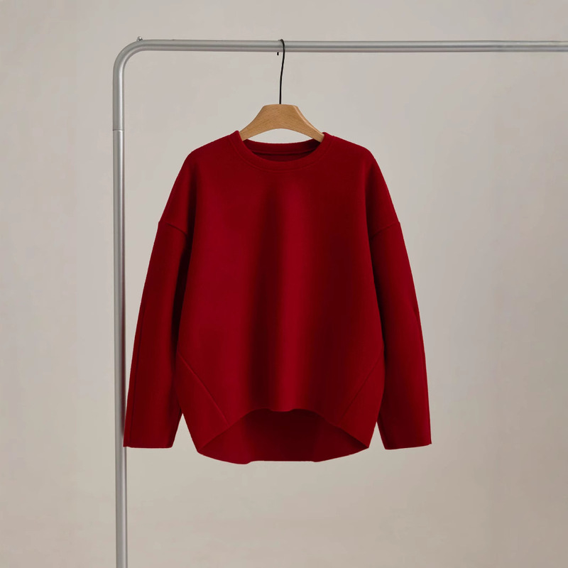 New Year's Simple Round Neck Sweatshirt Women's Long-Sleeved One-Piece Casual Loose Chinese Red Autumn and Winter New Pure Color Top