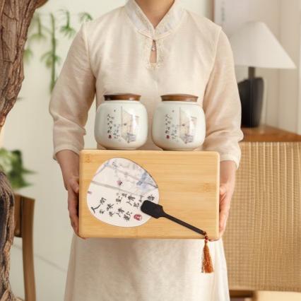 陶瓷茶叶罐防潮双层密封罐普洱茶白茶花茶储存罐竹制礼盒装双罐