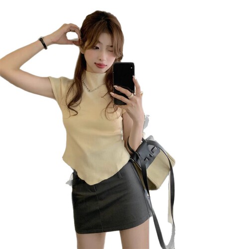 Little Fly Sleeve Stand Collar T-Shirt Women's Summer New Retro Slimming Irregular Knitted Underwear eBay 