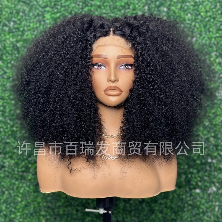 Cross-border e-commerce African fluffy explosive head Afro 4*4 lace long real hair curly hair fashion wig headgear