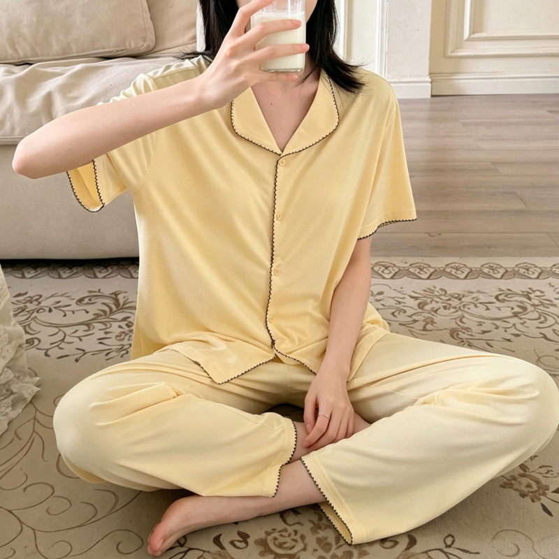 Summer Women's Pajamas with Chest Pads, Suitable for Outerwear, Short-Sleeve Long Pants, Cardigan, Turn-Down Collar, Cool and Thin Home Wear Set