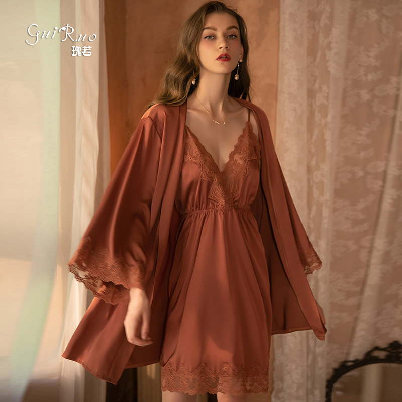 瑰若居家大码蕾丝性感深V露背睡衣纯色吊带睡裙睡袍家居服套装267