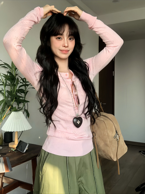 早秋辣妹复古镂空针织衫打底衫女长袖修身设计感T恤粉色上衣|undefined
