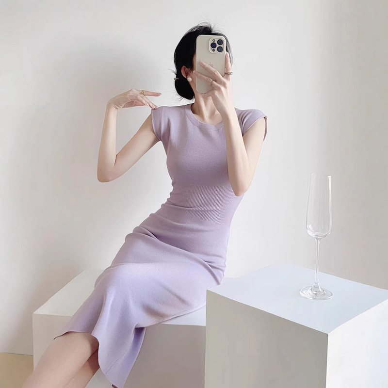 Summer New Style Small Flying Sleeve Knitted Dress Purple Gentle Elegant Wear Waist Slimming Look French A-Line Long Skirt