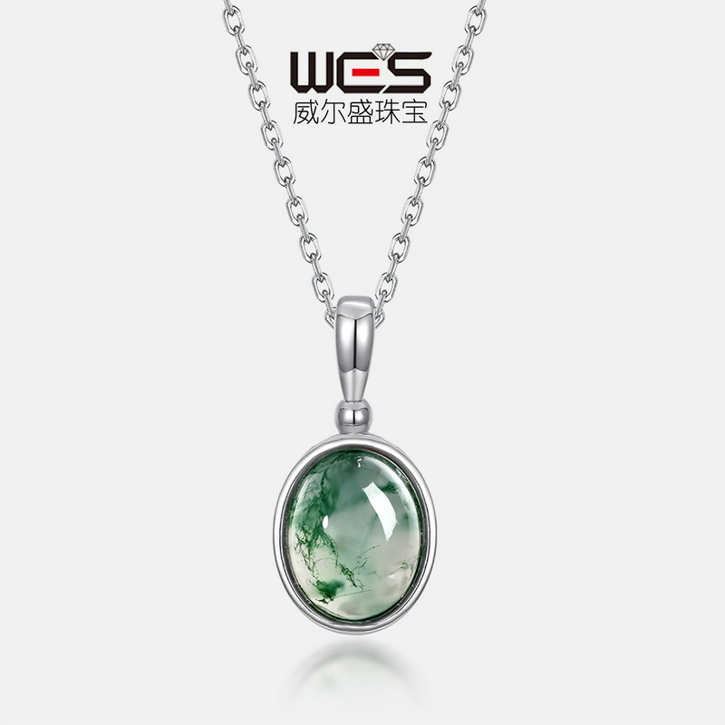 Colgante de ágata de agua natural brillante con incrustaciones hechas a mano de nuevo estilo transfronterizo S925 colgante de clavícula de piedra de musgo verde con incrustaciones de plata