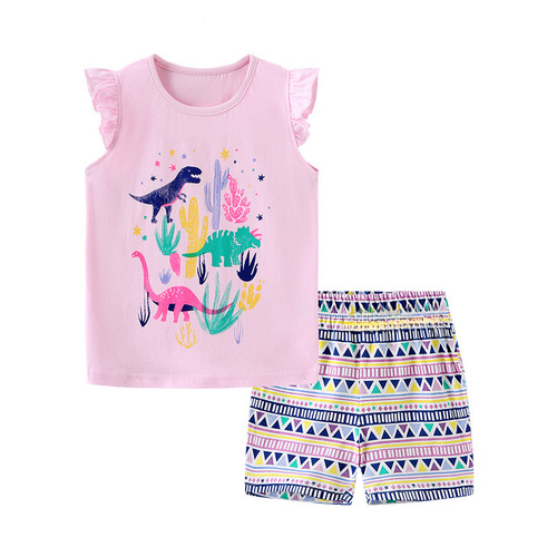Women's Summer Knit Cotton Cartoon Dinosaur Print Top Set, Toddler Two-Piece Set