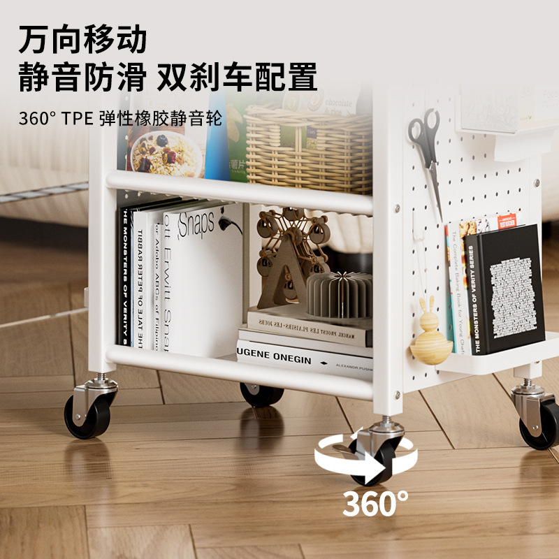 Movable Multi-Layer Metal Storage Rack with Wheels, Under-Desk Snack and Backpack Shelf, Bookshelf, Storage Pegboard, Small Cart