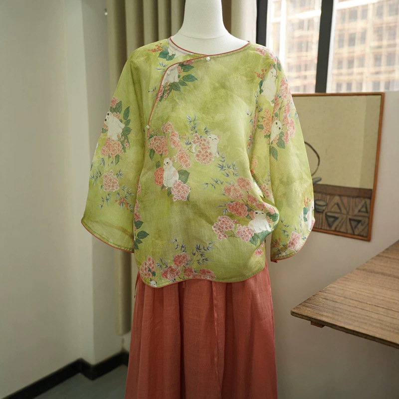 2026 Summer New Vintage Artistic Ramie Round Neck Cat Print Asymmetrical Collar Loose Short Top 4470