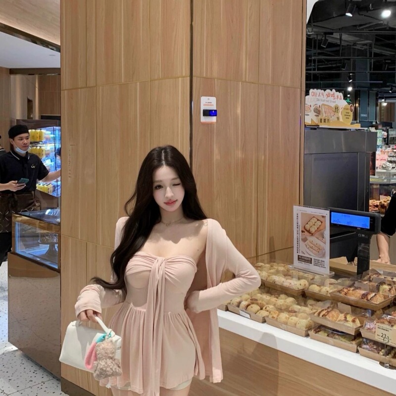 Pure Desire Style Pink Long-Sleeved Sun Protection Cardigan Jacket Women's Autumn Outfit Set Tube Top Vest Top Two-Piece Set