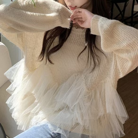 2025春季宽松显瘦气质仙气针织衫套头上衣慵懒风网纱拼接长袖女|undefined