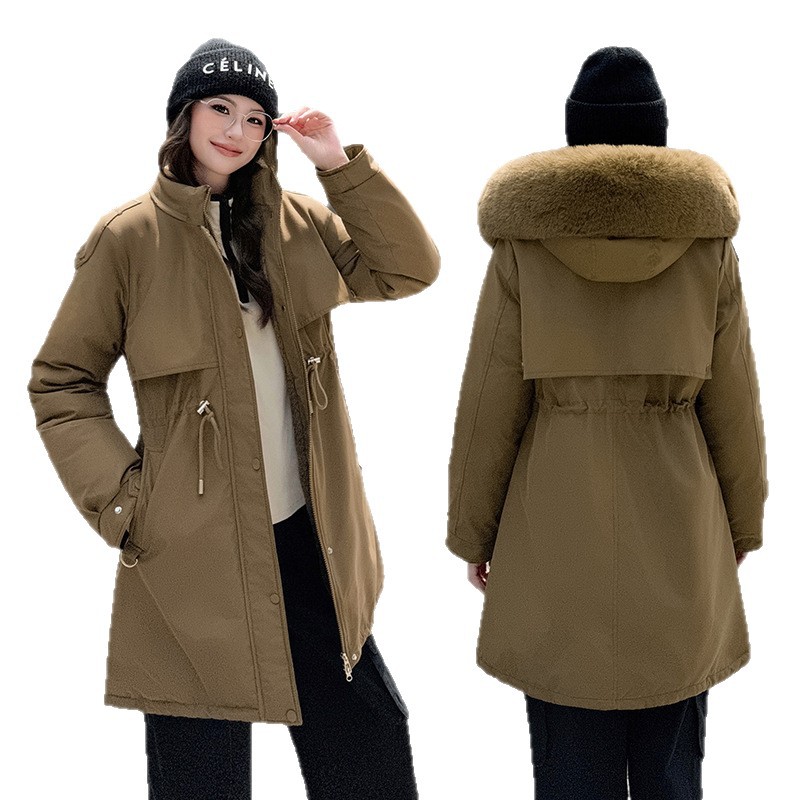 2025 invierno extraíble sombrero para superar el nuevo estilo de mujer de estilo largo y medio con camisa de algodón gruesa y delgada chaqueta de algodón