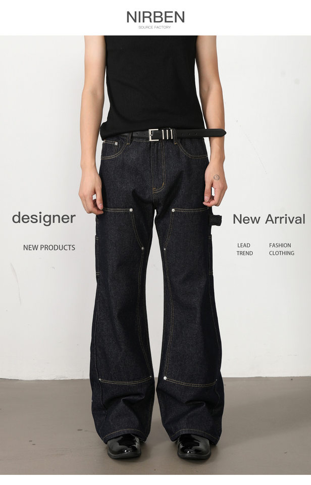 Quần jean nam ống loe nhẹ dáng chữ A phong cách đường phố, cạp vừa, dài — Xanh denim chi tiết 3