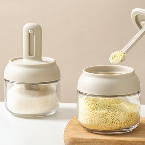 Integrated spoon lid retractable seasoning jar kitchen household commercial sealed moisture-proof barbecue cumin chicken essence glass seasoning bottle