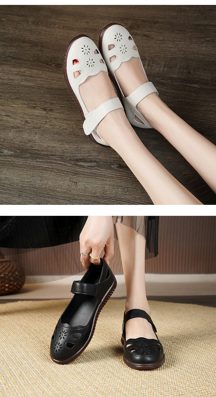 Sandal da thật nữ đế cao su bệt thoáng khí, phong cách thoải mái cho mẹ — màu đen chi tiết 13