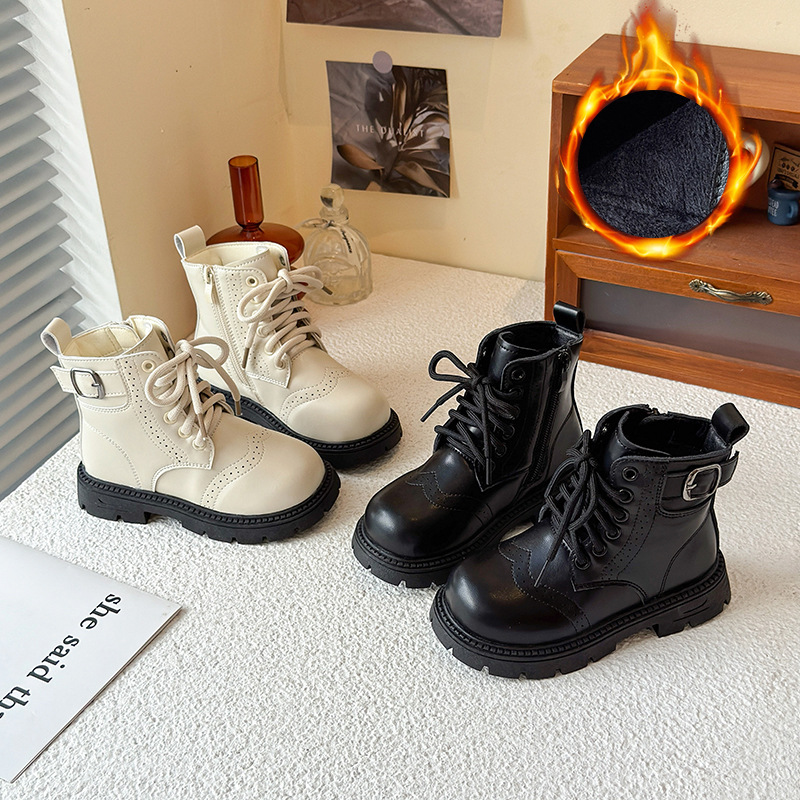 Girls' Martin Boots, Kidsren's Velvet Short Boots, British Style 2025 Autumn and Winter New Style, Medium and Large Kidsren's Boots, Two-Cotton Leather Boots, Trendy