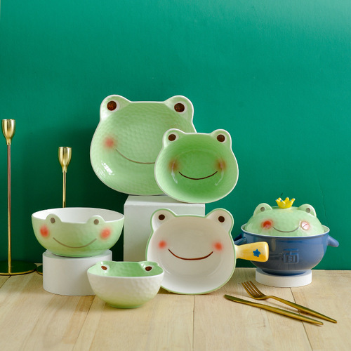 Japanese and Korean cartoon cute frog color glaze ceramic bowl and plate set with handle salad instant noodle bowl household children's rice bowl