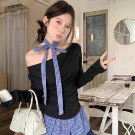 玖玖【人棉＋原版格子】高级感长袖T恤女秋季新款韩系修身内搭打