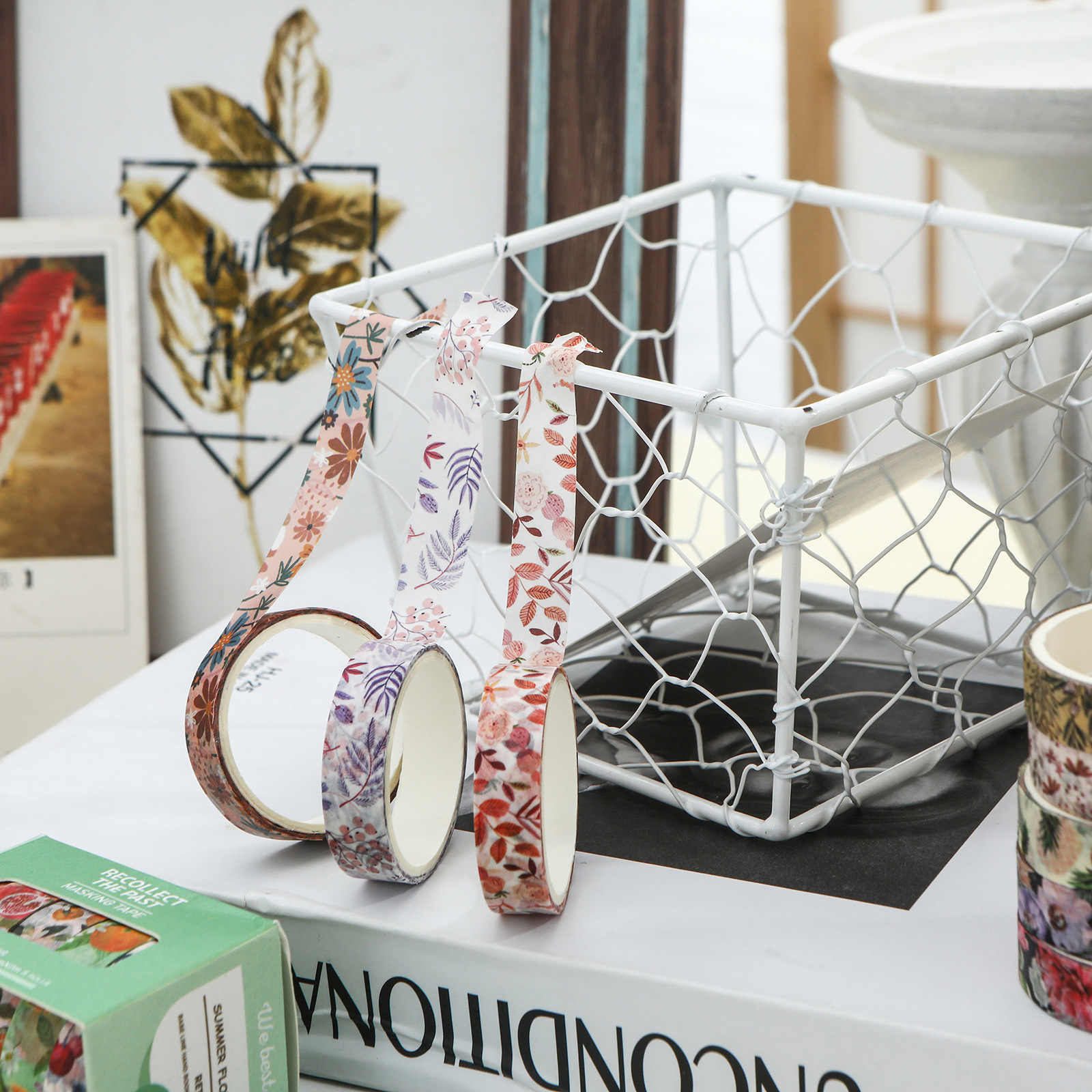 5 envueltos en la serie de flores de verano y cinta adhesiva de papel conjunto de base retro cinta adhesiva mano tela