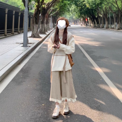 韩版气质修身显瘦条纹拼接百搭针织毛衣+a字高腰遮胯半身裙两件套