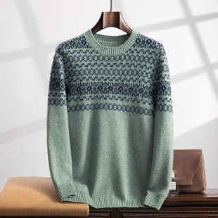 Men's Color Matching Mountain Cashmere Sweater Crewneck Fashion Sweater Jacquard Loose Base Knitted Sweater Pullover Top Inner Base