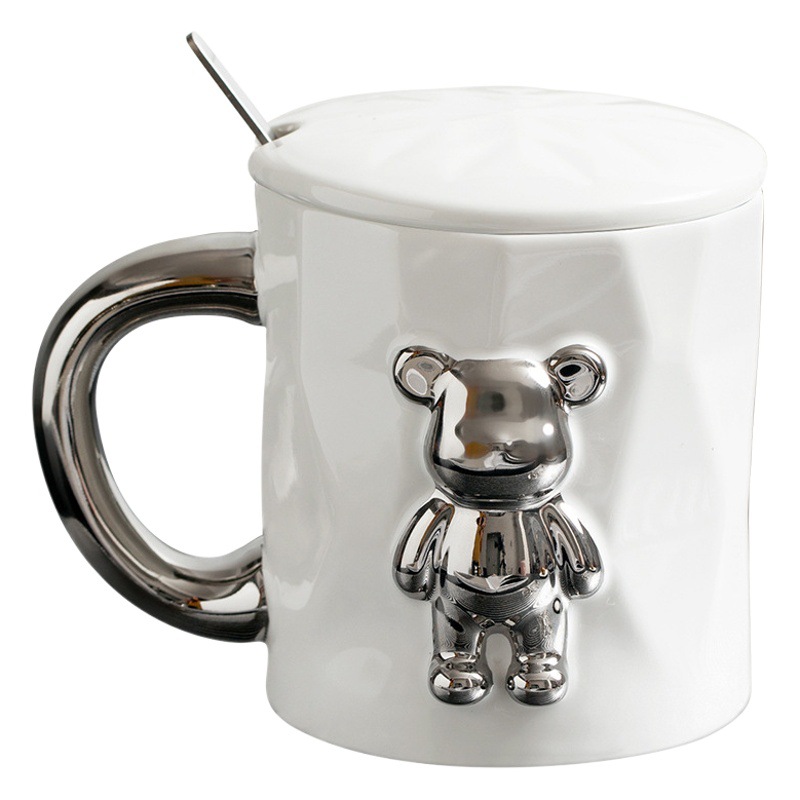 Oso tridimensional ins estilo Taza de cerámica con tapa cuchara personalidad tendencia Internet celebridad chica Oficina beber taza de té