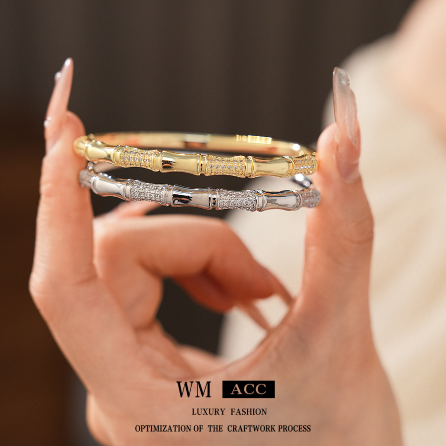 Pulsera con hebilla de bambú de circón galvanizado en oro real, nueva pulsera exquisita de todo fósforo de estilo chino, joyería de moda de alta gama de lujo ligero