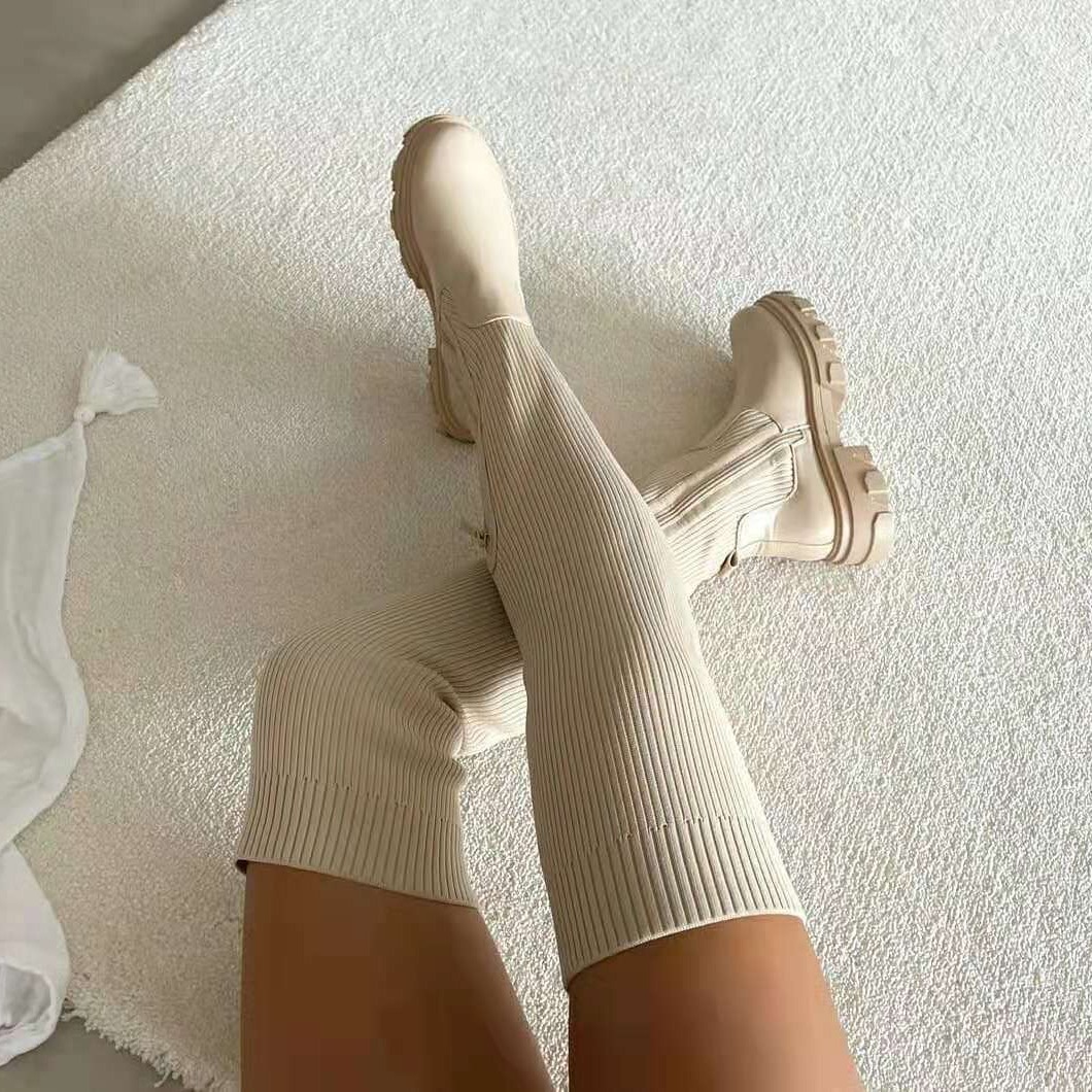 Autumn and Winter Thick-Soled Round-Toe Knitted Patchwork Over-The-Knee Women's Boots 2021 Large Size Elastic Fly-Knit Wool Long Boots Height-Increasing and Slimming