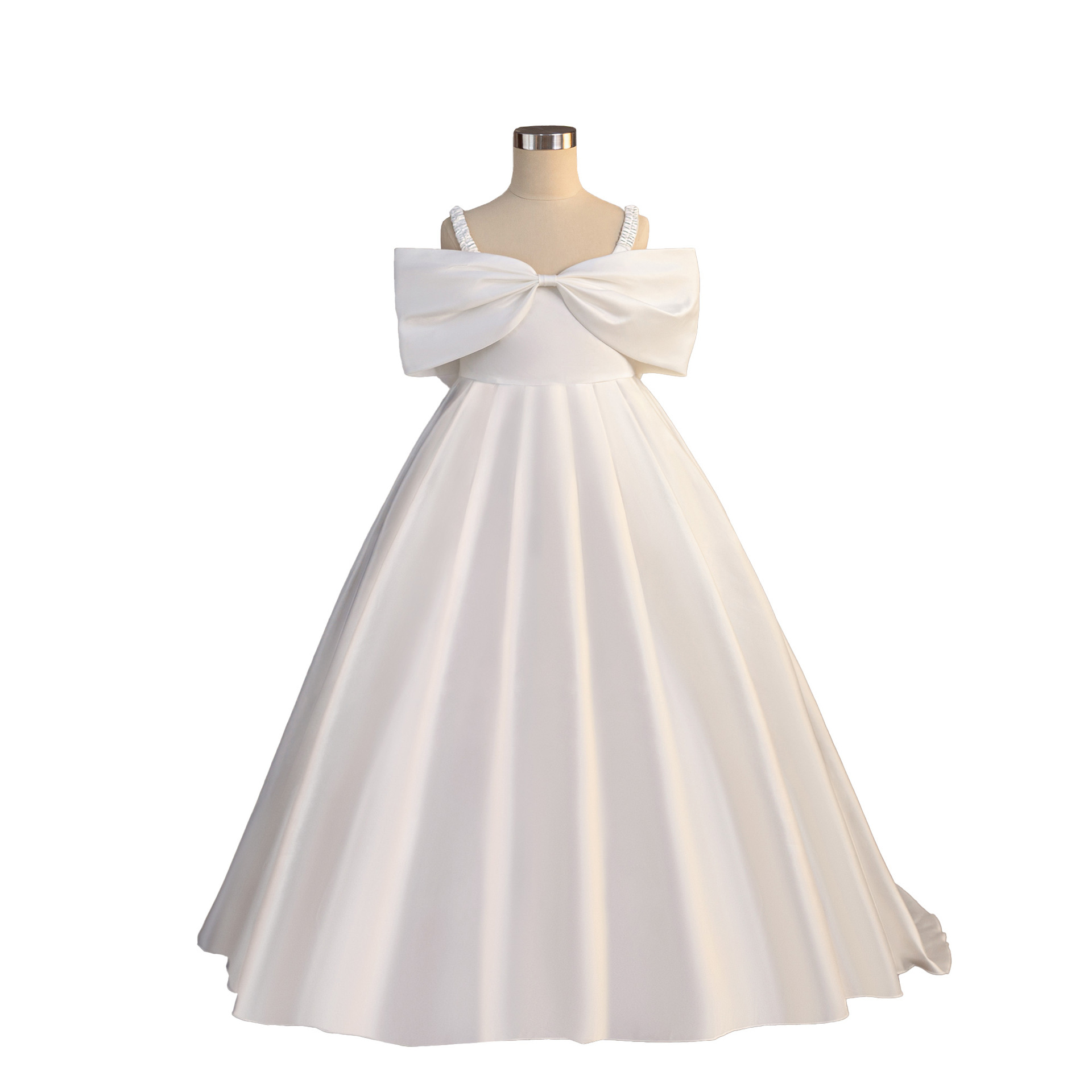 2026 nuevo vestido de satén de cinturón trailing vestido de fiesta de chicas gran arco vestido blanco