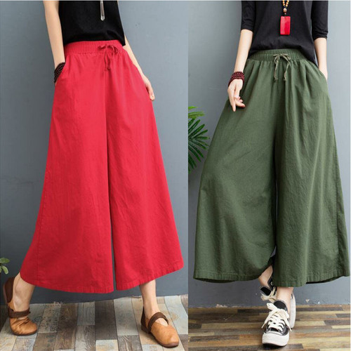 Women's Summer Thin Cotton Linen Wide Leg Pants  New Large Size Casual Linen Hemmed Pants