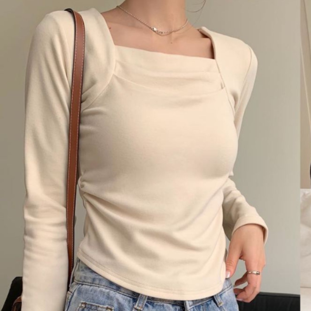 Fenanfu 2023 nueva ropa dulce súper cálida cuello cuadrado plisado camisa de fondo caliente cintura-apretado todas las mujeres