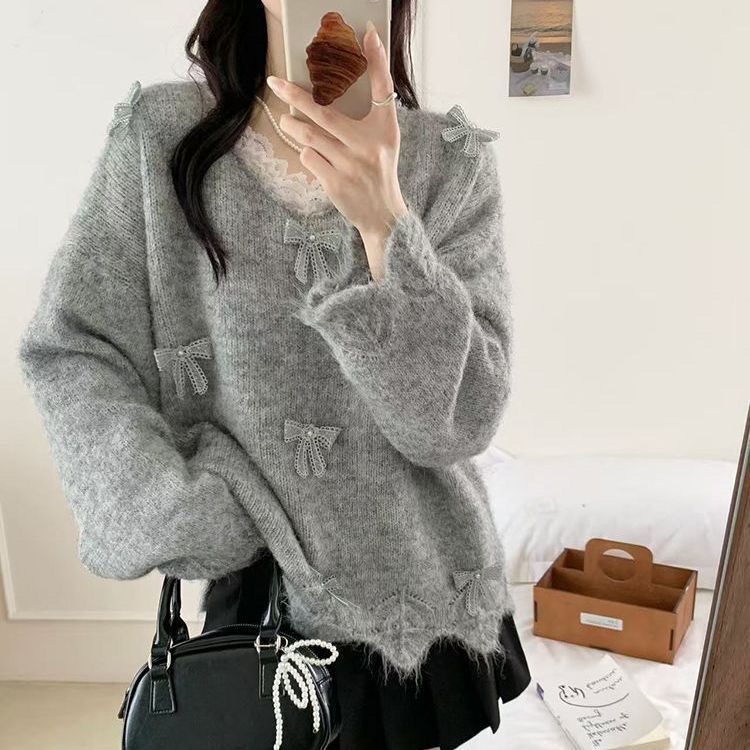 Autumn and Winter Lace Butterfly Knitwear Women's New Design Stereo Outwear Knitwear Loose and Versatile Slimming Look Lazy Top