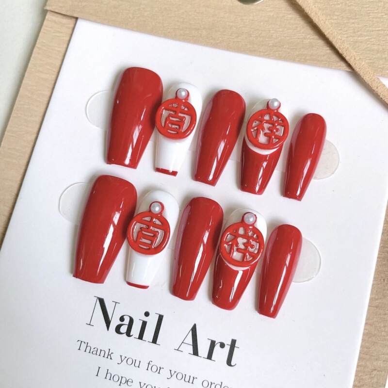 New Year's Red Wearable Nails Purely Handmade Phototherapy Nail Art Patch Finished Little Red Book New Bridal Fake Nails Removable