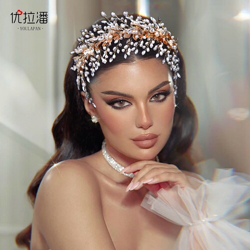 Youlapan bridal handmade pearl wide headband gold leaf rhinestone style headband hair headband HP322