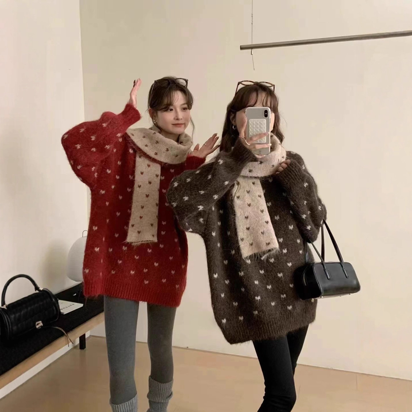 Korean Christmas Heart Red Knitwear Christmas Wear Lazy Style Knitwear Women's Autumn and Winter Scarf Two-Piece Knitwear