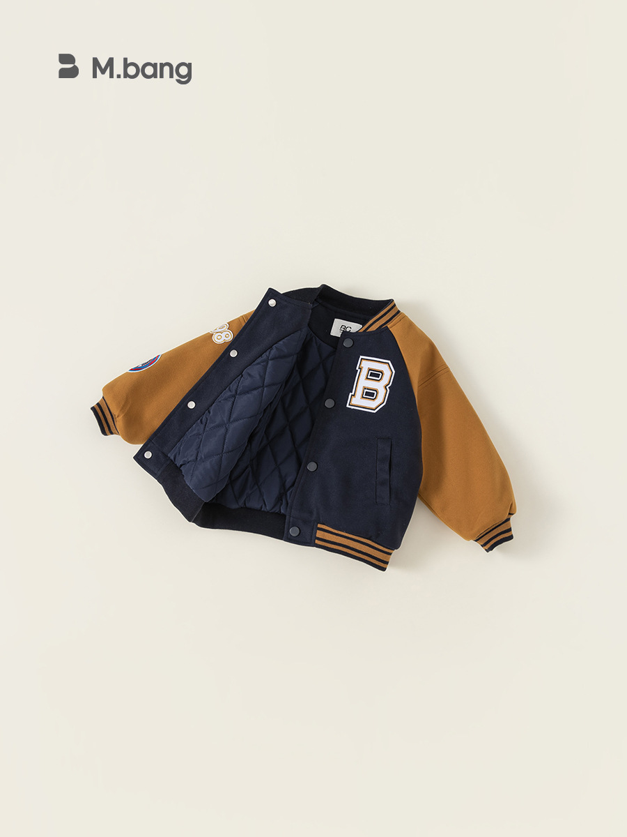 Ropa infantil Youbao Chaqueta deportiva de béisbol de estilo americano con algodón acolchado para niños, parte superior con manga raglán, abrigo de algodón grueso para otoño e invierno.