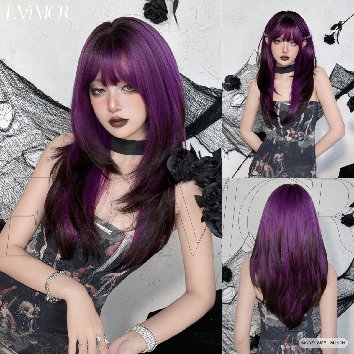 Nuevo flequillo de color degradado, cabello rizado de longitud media de alto nivel, peinado y reducción de la edad, peluca de dopamina de verano, tipo de cabello completo