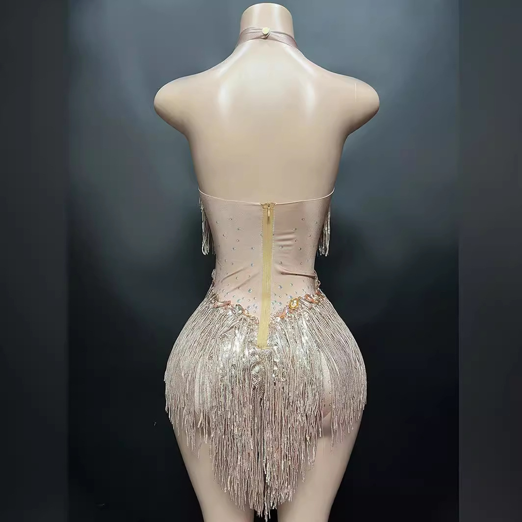 NOCANCE 2023 nuevo champán sexy brillante diamante borla cuello redondo corto elegante de lujo mono