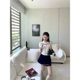COOLLINE林子熙 氧系学妹 少女感缪系Polo针织衫套装藏青百褶裙