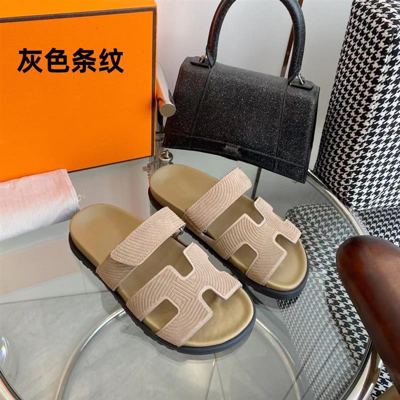女性用の高品質の二級サンダル、ビーチ用の第一層牛革ベルクロスリッポン、男性用のフラットビッグブランドスリッパ|undefined