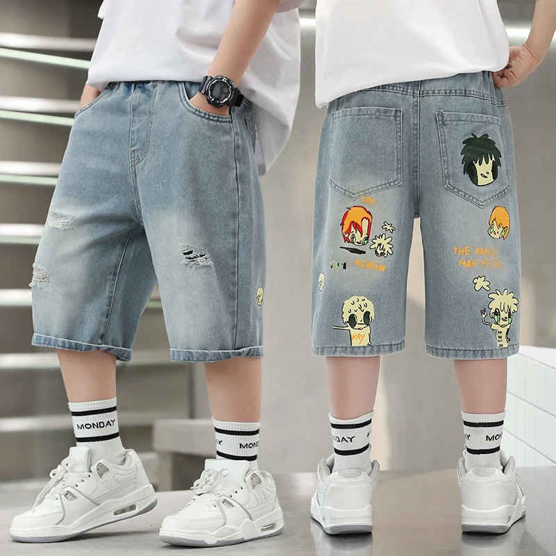 2025 Boys' Summer Thin Light-Colored Printed Korean-Style Cotton Knee-Length Shorts for Boys New Trendy Brand