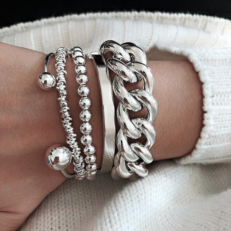 European and American Cross-Border New Style Personalized Ins Exaggerated Thick Chain Open Bracelet 5-Piece Set Creative Ball Bead Bracelet Wholesale