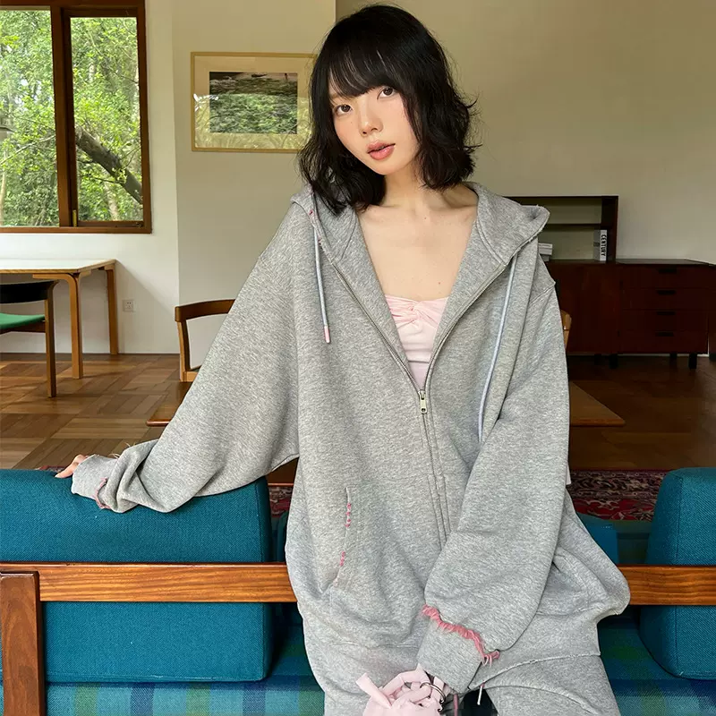 秋冬简约连帽抽丝卫衣外套女中长款百搭慵懒风宽松长袖拉链开衫女