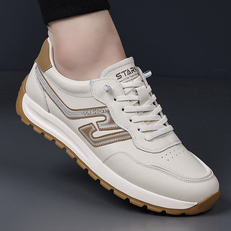 Giày sneaker nam da bò lớp đầu, kiểu Forrest Gump, da thật mỏng nhẹ thoáng khí, đế xốp, cổ thấp — Hạnh nhân trắng, Trắng xanh