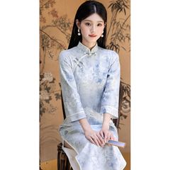 新中式蓝色国风改良年轻款旗袍女2025秋季新款日常穿巨好看连衣裙