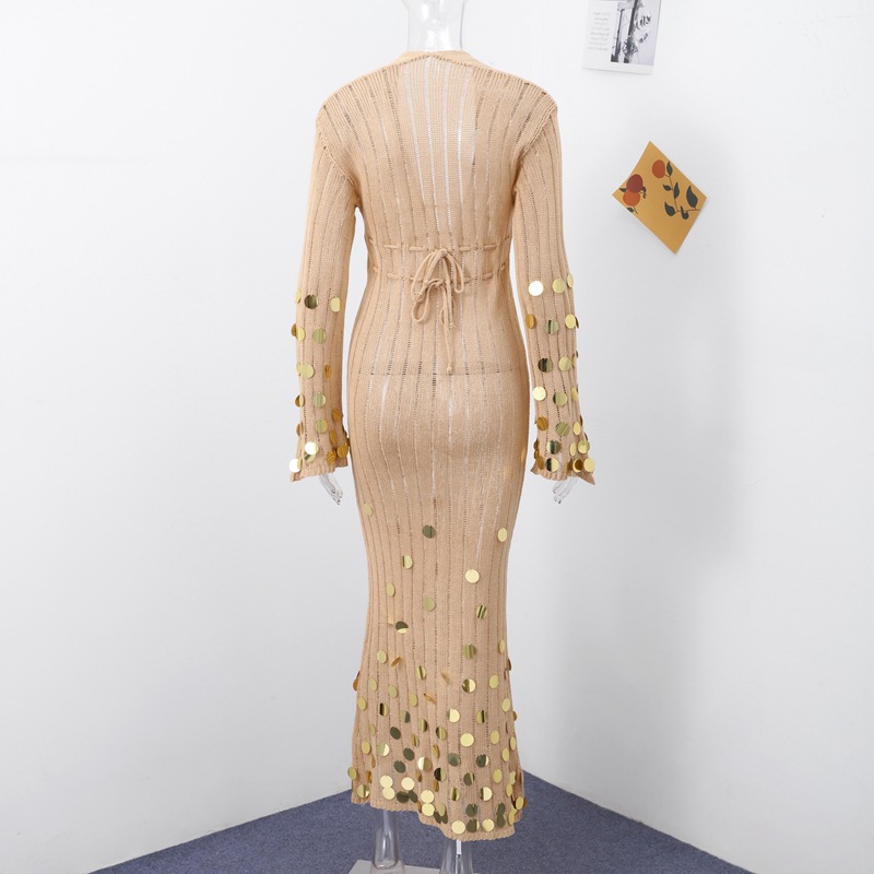 GraceChic 2025 Primavera e Autunno Nuovo Elegante e alla Moda Scollo a V Abito Lungo in Maglia Slim All'Ingrosso_voghion.com