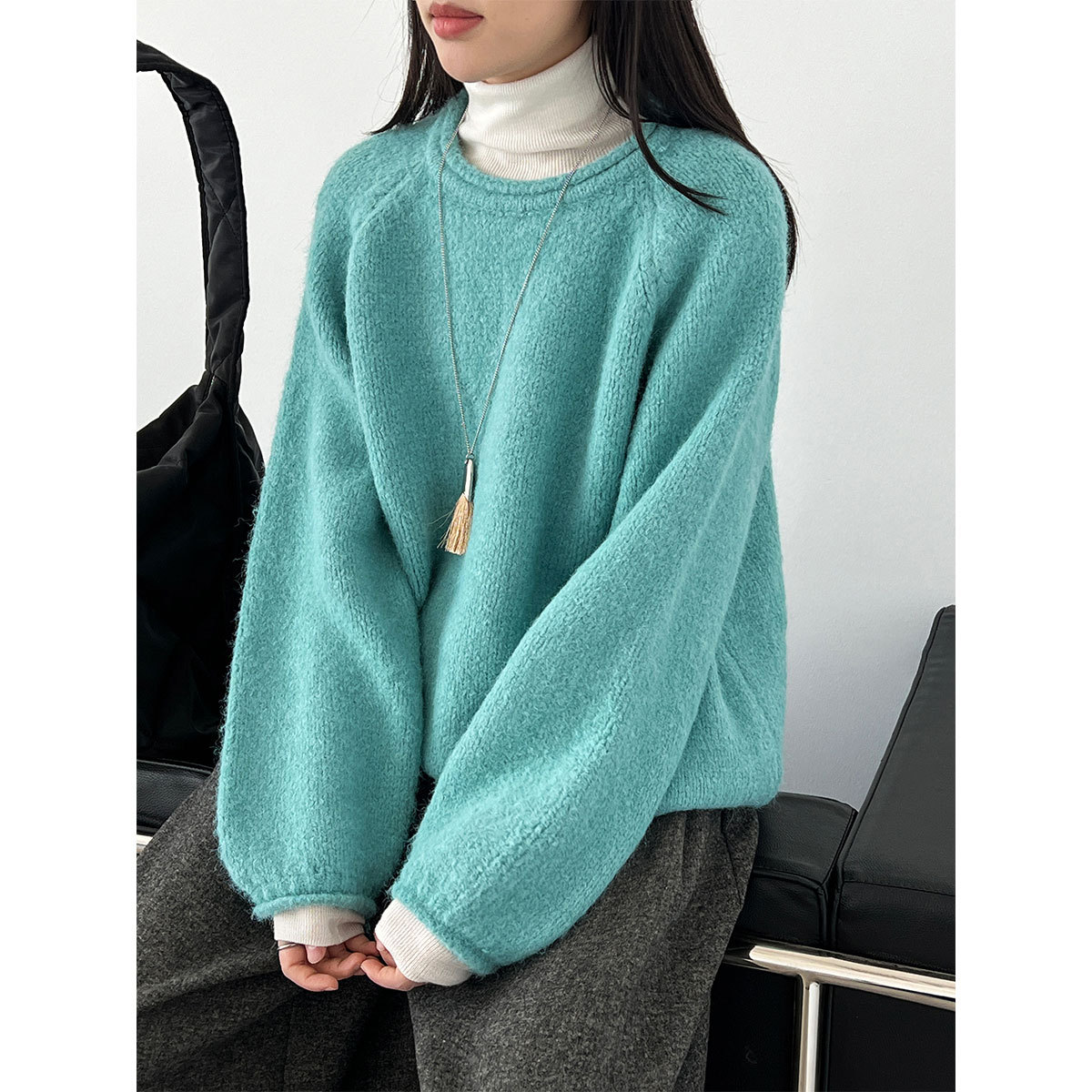 鹿西 韩系甜美圆领卷边软糯羊毛毛衣女秋季新款慵懒风针织衫ss883