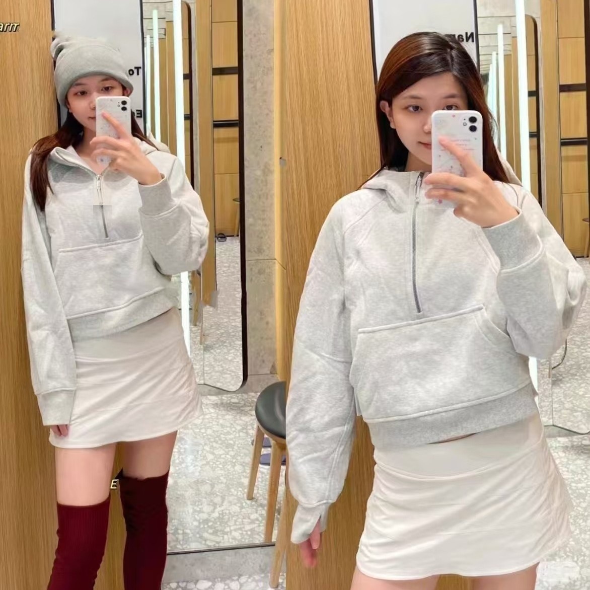 Yoga wear, embroidered scuba hoodie, half-zip, loose-fitting, fleece-lined, casual, sporty, yoga, and warm outerwear for women