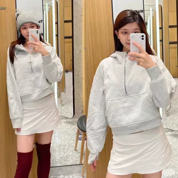 Yoga wear, embroidered scuba hoodie, half-zip, loose-fitting, fleece-lined, casual, sporty, yoga, and warm outerwear for women